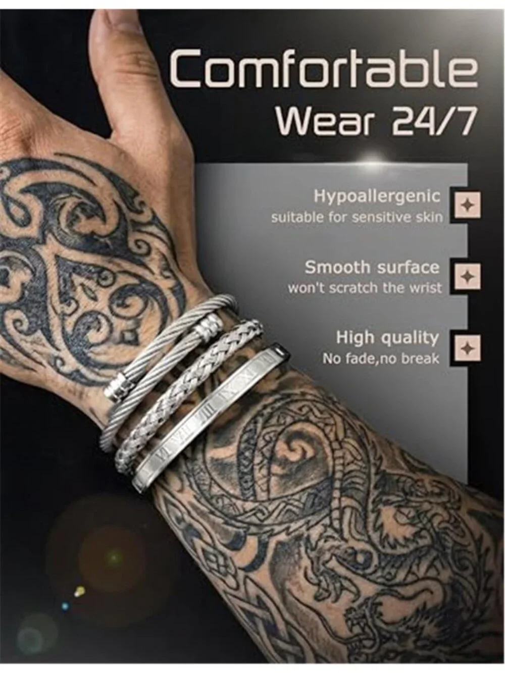 3Pcs Stainless Steel Bracelets for Men Roman Numeral Bangle Bracelet